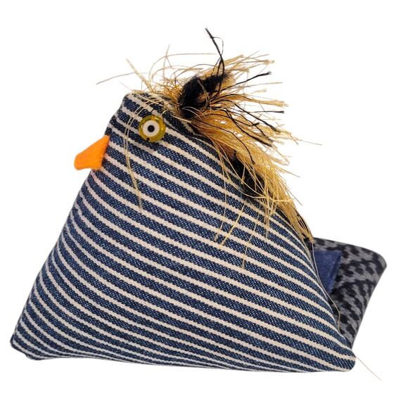 Chicken Pin Cushion Desk Weight Handmade Blue White Striped - Picture 1 of 9